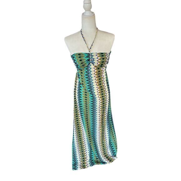 Elan Halter Maxi Dress Tribal Green Zig Zag Peacock Multicolored‎ Dress S 575 - Picture 1 of 7